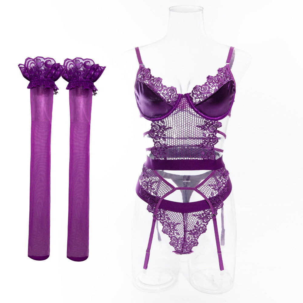 "Purple Seduction" Silk & Fishnet Lingerie Set